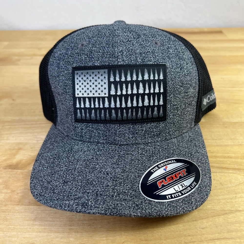 Columbia Tree Flag USA Mesh Ball Cap Hat Adult Size L/XL Gray Black Flexfit NEW
